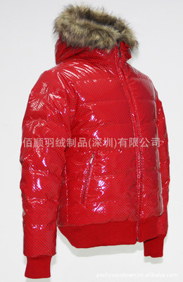 【外貿原單波點漆皮連帽毛條兩面穿防水保暖羽絨服來板生產加工149】 - 生意地